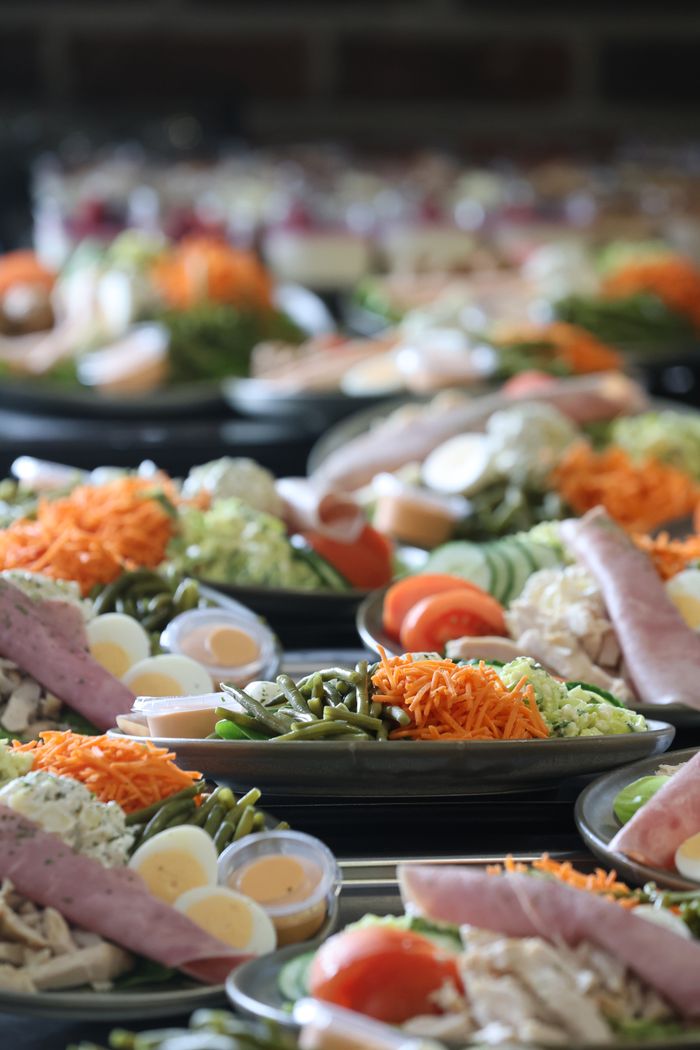 Vibrant salad platters with fresh vegetables, eggs, and meats, ideal for healthy meal themes.